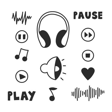 Audio Sound Doodle Icon Symbols Set. Headphones interface buttons musical notes wave hand drawn design elements collection. Vector illustration.のイラスト素材