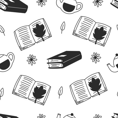 Cozy Book and Tea Doodle Seamless Pattern. Hygge cute hand drawn black and white endless background. Repeat vector illustration in sketch style. Reading Literature Household designのイラスト素材