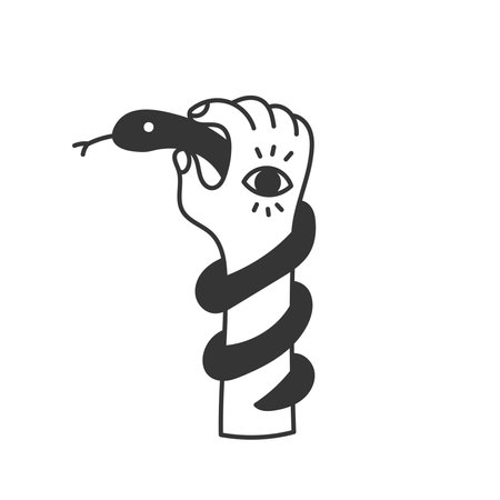 Human Hand Holding Snake Doodle. Hand drawn mystical symbol. Line spiritual esoteric icon. Isolated vector illustrationのイラスト素材