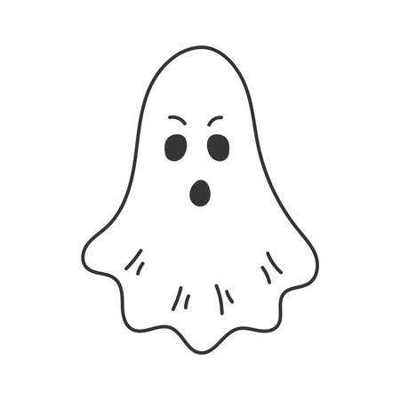 Flying Ghost Doodle. Hand drawn spirit in cartoon line art style. Halloween decorative element. Isolated vector illustration.のイラスト素材