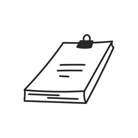 Stack of Documents Held Together with a Clip Doodle Icon. Hand drawn outline papers, manuscript isolated vector illustration.のイラスト素材