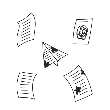 Falling Documents Drafts and Papers Set. Collection of hand drawn flying pages. Doodle style. Outline isolated vector illustration.のイラスト素材
