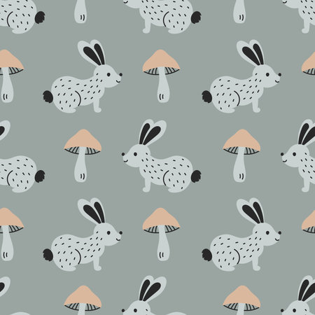 Cute Hare and Mushroom Seamless Pattern. Adorable Childish Background with cheerful Rabbit and Fungi. Pastel colored repeat vector illustrationのイラスト素材