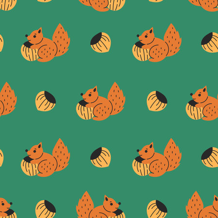 Squirrel and Hazelnut Seamless Pattern. Cute hand drawn childish background with forest animal food and trendy vintage colors. Repeat vector illustrationのイラスト素材