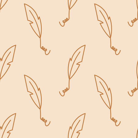 Writing Quill Doodle Seamless Pattern. Elegant Beige Background for writer. Literature poetry repeat vector illustration with line feather symbolのイラスト素材