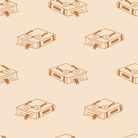 Book with Eyeglasses Doodle Seamless Pattern. Hand Drawn Elegant Beige Background with Reading Literature Symbols. Repeat vector illustrationのイラスト素材