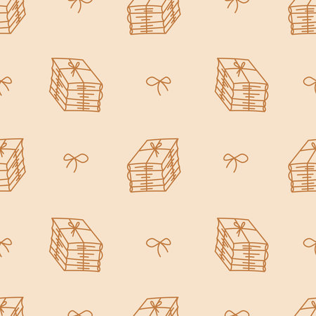 Literature Seamless Pattern with Stack of Books and tied Bows. Hand drawn beige background. Bookstore Library Education School Knowledge theme. Repeat vector illustration. Sketch Sのイラスト素材