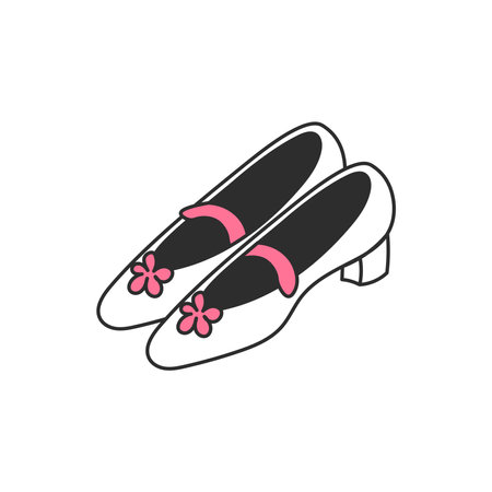 Coquette Women Shoes with Flowers Doodle. Cute Girl footwear with strap. Glamor female fashion design element. Outline isolated vector illustration.のイラスト素材