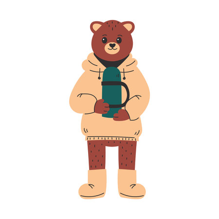 Bear wearing Warm Clothes and Holding Thermos. Adorable hand drawn Wildlife animal in hoodie. Isolated vector illustration for Autumn Fall Winter Seasonal Greeting Card and Printのイラスト素材