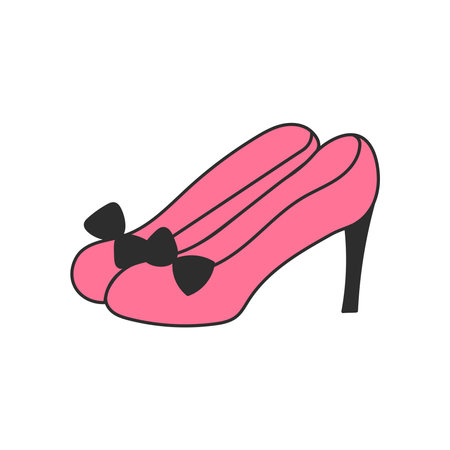 Pink Bow Heels. Coquette Glamor woman footwear. Hand drawn Girlie Shoes. Isolated vector illustration.のイラスト素材