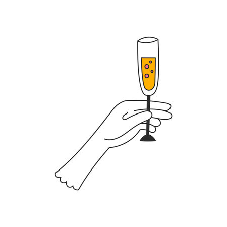 Hand in Glove Holding Glass of Champagne. Hand in Glove Holding Glass of Champagne. Gesture with alcohol drink. Celebration symbol. Doodle isolated vector illustration.のイラスト素材
