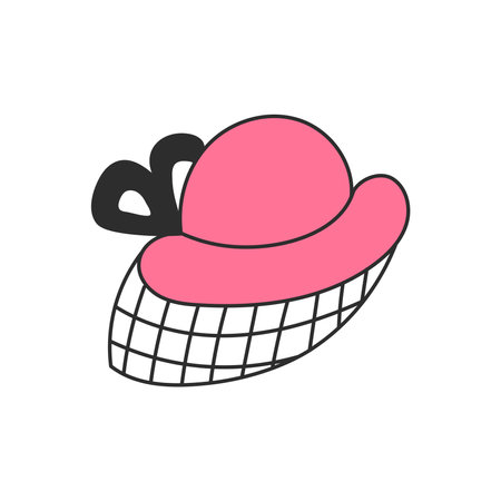 Pink Vintage Hat with Veil and Ribbon. Hand drawn headwear accessory. Retro fashion element for women. Isolated vector illustrationのイラスト素材