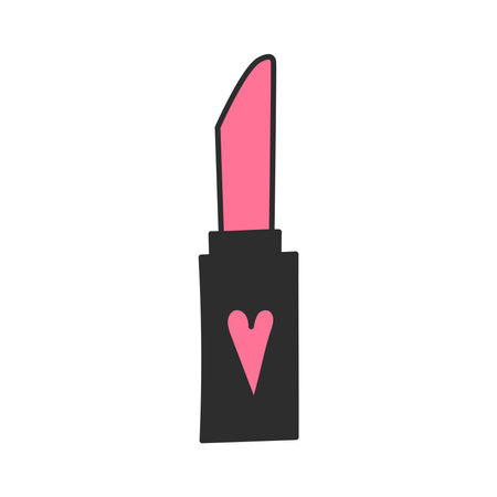 Tube of Pink Lipstick Doodle Icon. Hand drawn makeup symbol. Decorative cosmetics element with heart shape. Isolated vector illustrationのイラスト素材