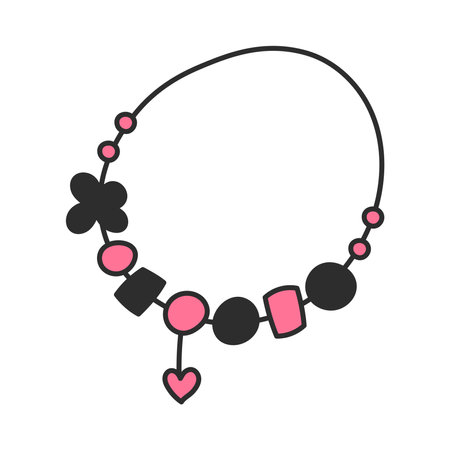 Charms Bracelet Doodle. Drawn hand jewelry and bijouterie accessory for girl and woman. 90s fashion element. Isolated vector illustrationのイラスト素材