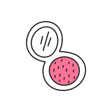Round Powder Compact Blusher with Mirror Doodle Icon. Hand drawn makeup element. Decorative cosmetics symbol. Outline isolated vector illustrationのイラスト素材
