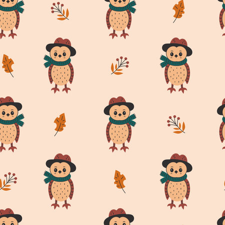 Owl and Leaf Fall Seamless Pattern. Hand drawn Cozy Autumn Background with forest bird wearing clothes hat and scarf. Repeat vector illustrationのイラスト素材