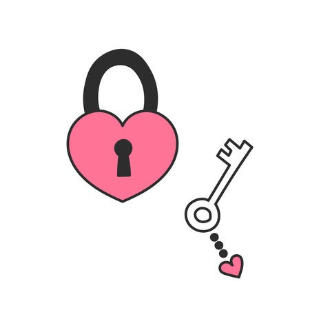 Heart Shaped Lock with Key Doodle. Hand drawn padlock with keyhole. Love symbol. Coquette secret element. Outline vector illustration with pink colorのイラスト素材