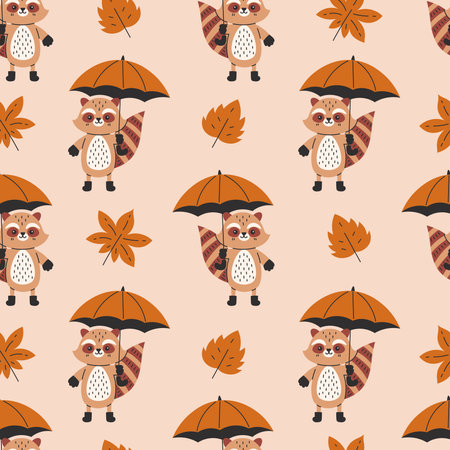 Raccoon with Umbrella Fall Seamless Pattern. Cozy Autumn repeat vector illustration with Animal and Leaves. Trendy Seasonal background in Flat style for Kids and Wallpapersのイラスト素材