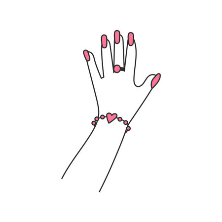 Woman Admiring Her Nails. Coquette female gesture. Girl's hand with Pink Manicure and Jewelry Ring Bracelet. Outline vector illustration in Doodle styleのイラスト素材