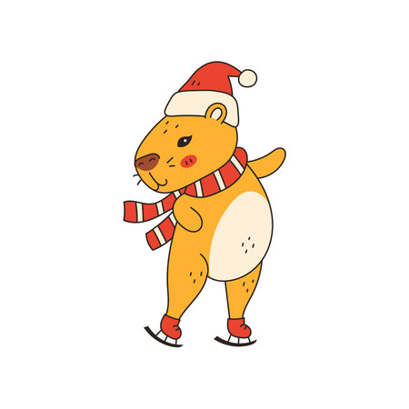 Christmas Capybara Ice Skating. Hand drawn exotic Animal wearing Santa Hat and Knitted Scarf and standing on Skates. Winter activity vector illustrationのイラスト素材