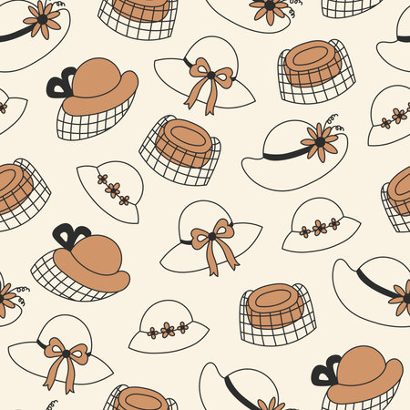 Vintage Veiled Hats Doodle Seamless Pattern. Hand drawn retro woman fashion accessory background. Headwear theme. Repeat vector illustrationのイラスト素材