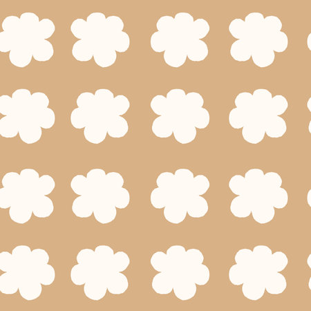Minimal Beige Seamless Pattern with Flower Silhouette. Contemporary brown endless background with white blossoms. Hand drawn abstract aesthetic. Repeat vector illustrationのイラスト素材