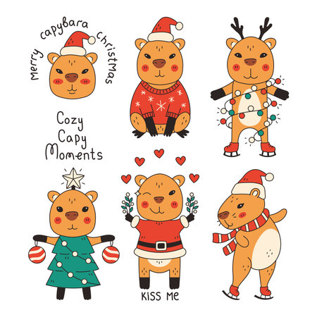 Christmas Capybara Stickers. Cute exotic animals set with traditional Xmas holiday symbols and clothes. Winter activity clipart. Celebration design. Vector illustration.のイラスト素材