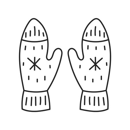 Woolen Mittens with Snowflakes Doodle Icon. Hand drawn knitted with accessories. Seasonal warm clothing. Isolated vector illustration.のイラスト素材