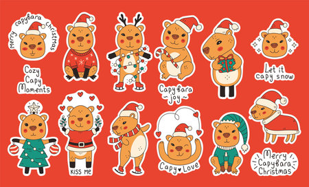 Capybara Christmas Stickers Set. Collection Adorable Rodents with text and traditional Xmas symbols: Santa Hat Costume Tree Sweater Gift Garland Deer Antlers. Vector illustrationのイラスト素材