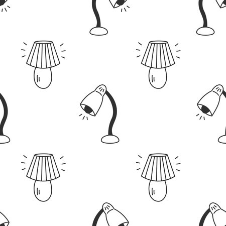 Table Lamp Doodle Seamless Pattern. Hand drawn black and white interior background with light equipment elements. Repeat vector illustrationのイラスト素材