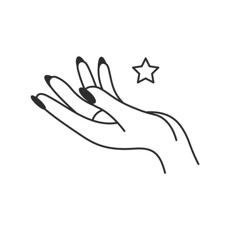 Celestial Hand Gesture Line Icon. Female open palm with long nails holding star. Esoteric mystical symbol. Doodle vector illustrationのイラスト素材