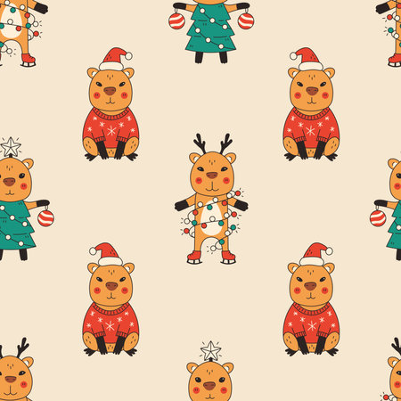 Christmas Capybara Seamless Pattern. Whimsical Xmas Background with Playful Rodent and Holiday Symbols. Knitting Sweater Pine Tree Garland Ice Skates in Vintage styleのイラスト素材