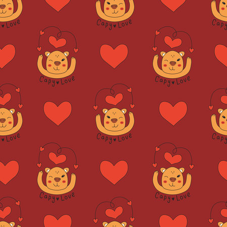 Capybara Valentine Day Seamless Pattern. Playful Cartoon Holiday Background with whimsical Animal and Heart shapes and Love symbols. Vector illustrationのイラスト素材