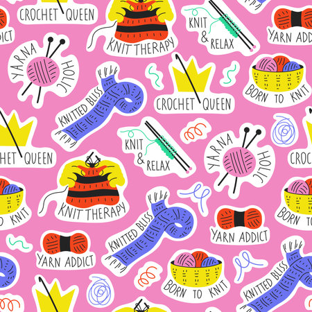 Knitting Modern Seamless Pattern with Text. Trendy Knit Up vector Background with Tools and Symbols with handwritten lettering and quotes. Needles Yarn Skein Crochet Knitwearのイラスト素材