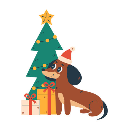 Dachshund Dog with Christmas Tree and Gifts. Cute hand drawn purebred puppy in Santa hat with Xmas decoration. Cartoon flat design. Vector illustrationのイラスト素材