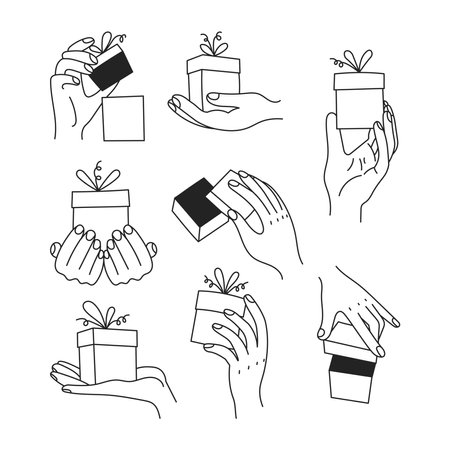 Hand with Gift Box Line Set. Outline gesture collection with Birthday and Christmas Presents. Fingers opening and holding poses. Doodle Vector illustrationのイラスト素材