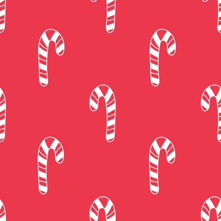 Christmas Candy Cane Red Doodle Seamless Pattern. Minimal background with Traditional Xmas sweets. Repeat vector illustration for wrapping paper decoration ornament fabric textileのイラスト素材