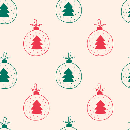 Colorful Christmas Baubles Seamless Pattern in Doodle Style. Playful Whimsical Xmas holidays background with hand drawn decorations. Minimal drawn ornament vector illustrationのイラスト素材