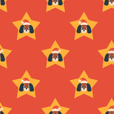 Christmas Dachshund Dog and Star Seamless Pattern. Xmas Holiday Background with cute puppy head in Santa hat. Repeat vector illustration in flat styleのイラスト素材