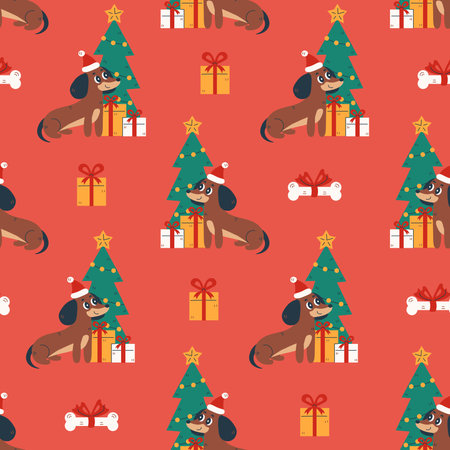 Pet Christmas Seamless Pattern with Dachshund Dog Tree Gift. Bright vintage background cute puppy and traditional Xmas Holidays symbols artoon flat style. vector illustrationのイラスト素材