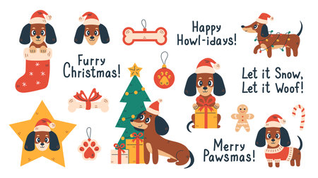 Christmas Dachshund Dog Vector Set. Cute Puppy Holiday activity stickers collection. Pet illustration with traditional festive symbols accessories and phrasesのイラスト素材