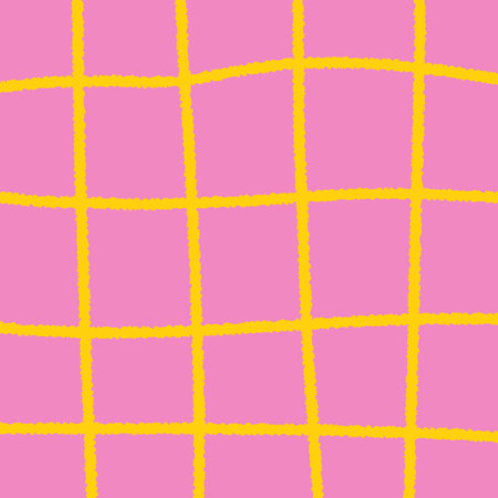 Playful Pink Checkered Square Background. Hand drawn distorted crayon texture. Social media template...