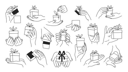 Hand Holding Gift Doodle Set. Collection of line gestures with Birthday and Christmas presents. Outline vector illustration with fingers and tied bowsのイラスト素材