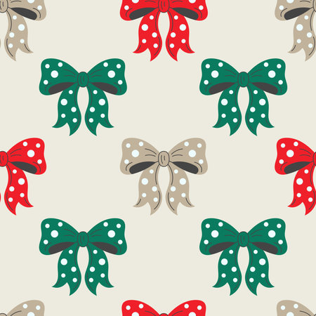 Vintage Christmas Bows Seamless Pattern. Retro Decorative Tied Knots and Ribbons with polka dot. Holiday festive background wrapping paper fabric ornament. vector illustrationのイラスト素材