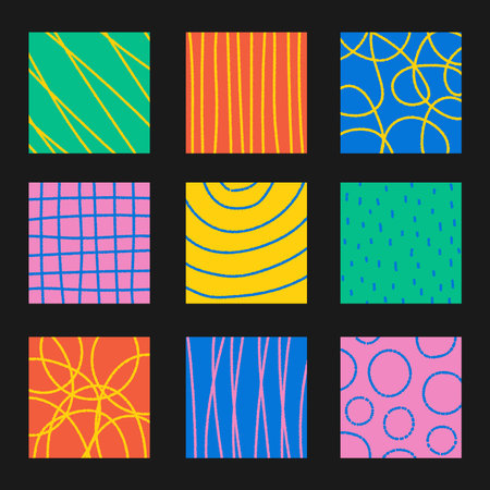 Playful Crayon Drawing Square Backgrounds Set. Vibrant colored creative social media templates with...