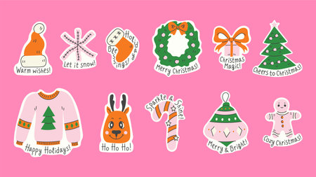 Pink Christmas Stickers pack with Quotes. Whimsical playful hand drawn Holiday symbols set with text. Flat design. Vector illustrationのイラスト素材