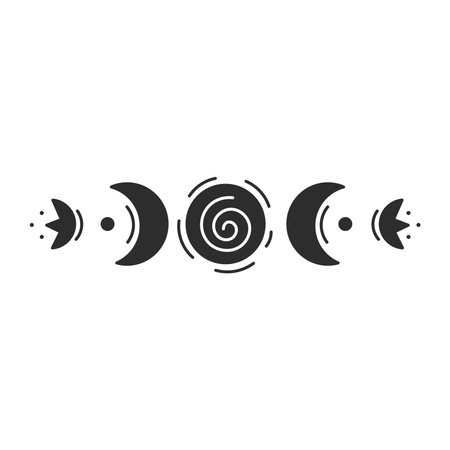 Moon Phases Doodle Symbol. Hand drawn Crescent with flowers lines and dots. Tattoo decorative celestial element. Isolated vector illustrationのイラスト素材