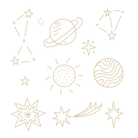 Stars and Planets Golden Line Set. Hand drawn celestial symbols collection with outline comet, constellation, sun, outer space decorative design elementsのイラスト素材