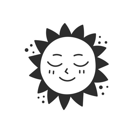 Sun Face with Closed Eyes Doodle Icon. Cute hand drawn celestial face symbol with radiance shining and dots. Creative outline vector illustrationのイラスト素材