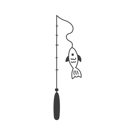 Fishing Rod with Fish Doodle Illustration. Hand drawn vector outdoor leisure activity symbol. Prey hanging on hook.のイラスト素材